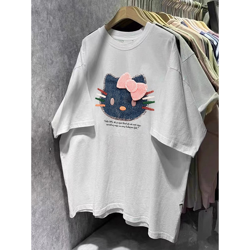 Ženski pamukasti T-shirt kratkih rukava s printom mačke iz crtanog filma, opušten kroj, okrugli izrez, ljeto