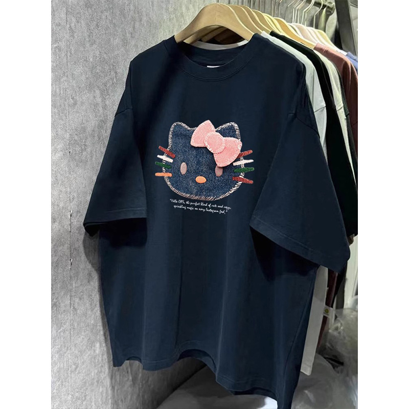 Ženski pamukasti T-shirt kratkih rukava s printom mačke iz crtanog filma, opušten kroj, okrugli izrez, ljeto