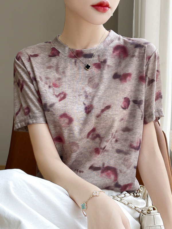 Ženski Tencel T-shirt s kratkim rukavima, grafiti otisak s zamagljenim učinkom, okrugli izrez, lagani ljetni top