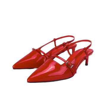 Женски сандали на ток с остър нос, патентована кожа, с катарама и открита пета