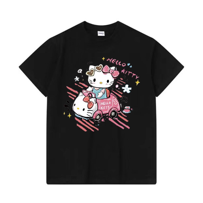 Bijeli ženski pamučni T-širt kratkih rukava, potpis Anime Kitty, ležernog kroja, pogodan za slojevito nošenje, okrugli izrez, srednja duljina.