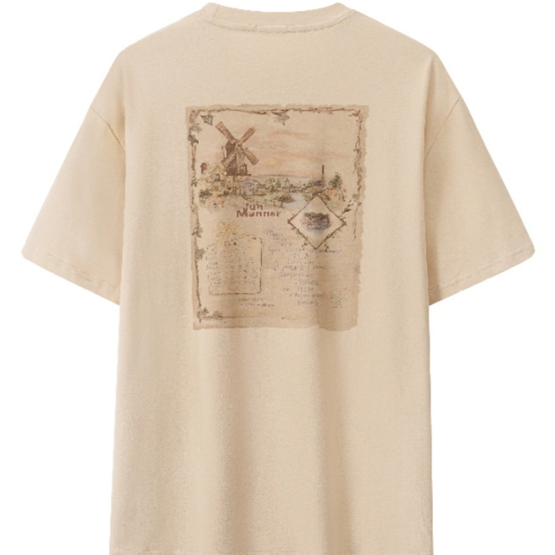 Ženski T-shirt u plus veličini s khaki printom, kratki rukavi, ljetni američki retro stil, širok kroj, okrugli izrez