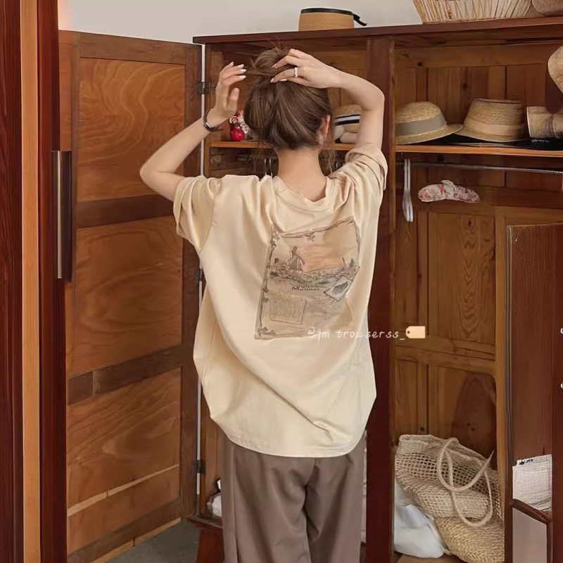 Ženski T-shirt u plus veličini s khaki printom, kratki rukavi, ljetni američki retro stil, širok kroj, okrugli izrez