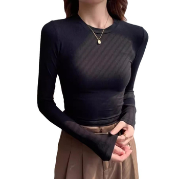 Ženski ribani uski T-shirt s dugim rukavima, okrugli izrez, bazni sloj od pamuka-elastina