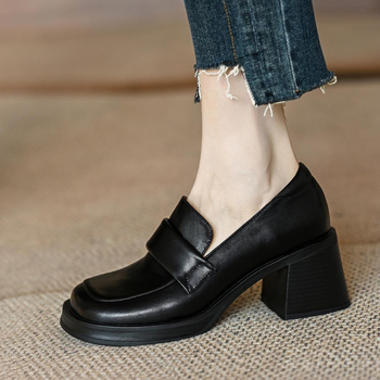 Mr. M kožne loaferice s debelim petom za žene, novi model 2023, gradski stil, četvrtasti vrh, srednja visina pete 3–6 cm, francusko nadahnuće