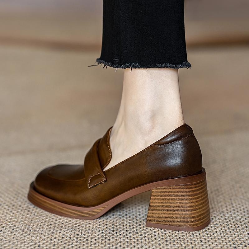 Mr. M kožne loaferice s debelim petom za žene, novi model 2023, gradski stil, četvrtasti vrh, srednja visina pete 3–6 cm, francusko nadahnuće
