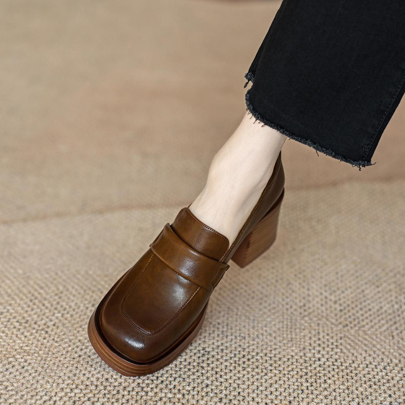 Mr. M kožne loaferice s debelim petom za žene, novi model 2023, gradski stil, četvrtasti vrh, srednja visina pete 3–6 cm, francusko nadahnuće