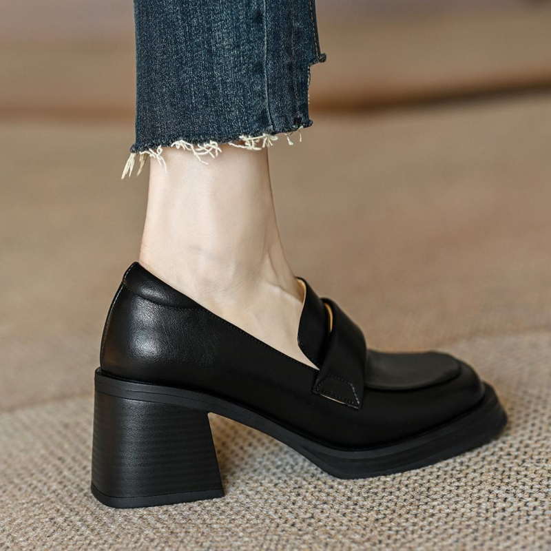 Mr. M kožne loaferice s debelim petom za žene, novi model 2023, gradski stil, četvrtasti vrh, srednja visina pete 3–6 cm, francusko nadahnuće