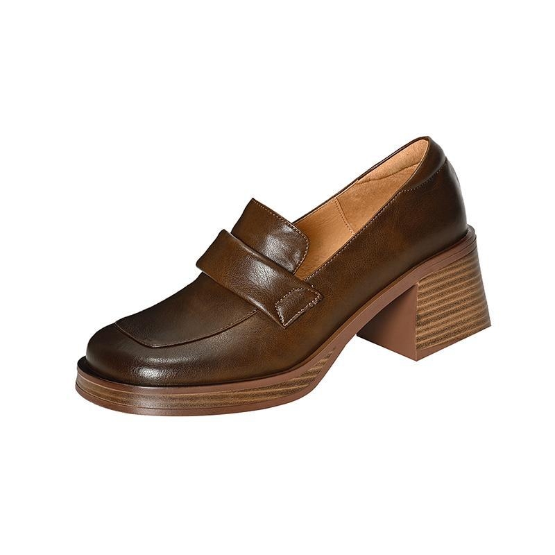Mr. M kožne loaferice s debelim petom za žene, novi model 2023, gradski stil, četvrtasti vrh, srednja visina pete 3–6 cm, francusko nadahnuće
