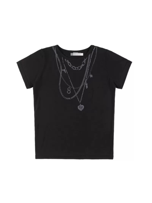 Ženski T-shirt s kratkim rukavima, okruglog izreza, otisak lančića, korejski stil, uski kroj, svestran top