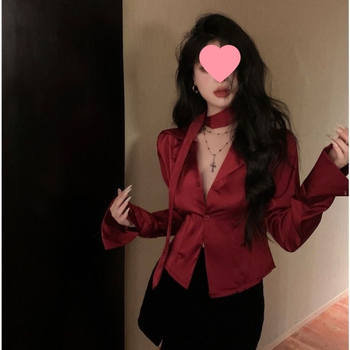 Crvena ženska bluza s ovratnikom sakovog tipa, dugi rukavi, proljetni francuski stil, uski kroj, svakodnevna bluza s elegantnim vezom