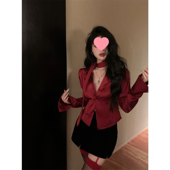 Crvena ženska bluza s ovratnikom sakovog tipa, dugi rukavi, proljetni francuski stil, uski kroj, svakodnevna bluza s elegantnim vezom