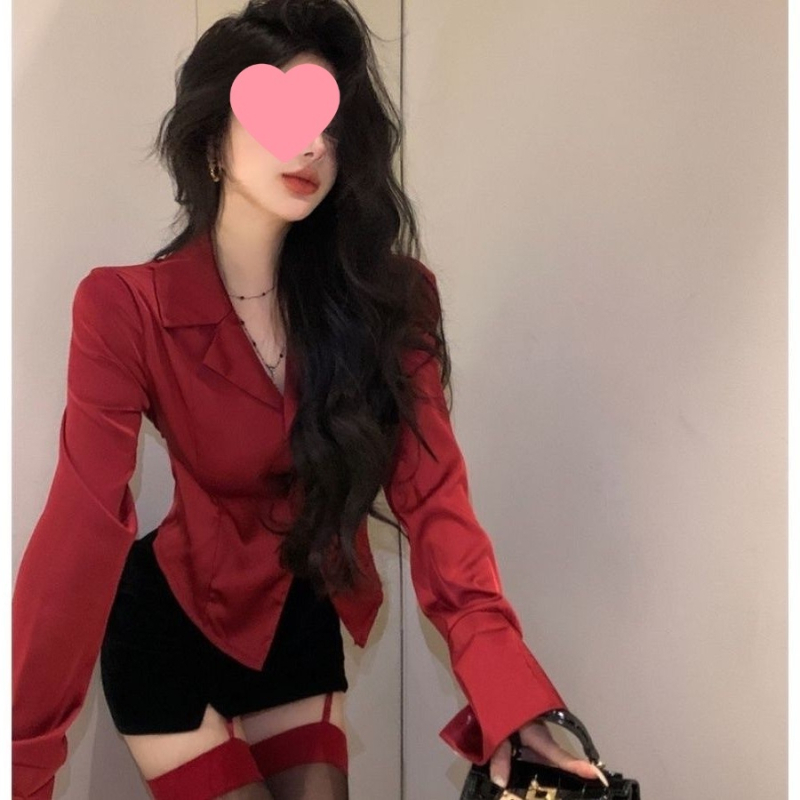 Crvena ženska bluza s ovratnikom sakovog tipa, dugi rukavi, proljetni francuski stil, uski kroj, svakodnevna bluza s elegantnim vezom