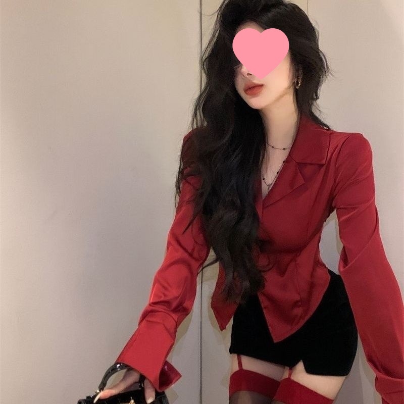 Crvena ženska bluza s ovratnikom sakovog tipa, dugi rukavi, proljetni francuski stil, uski kroj, svakodnevna bluza s elegantnim vezom