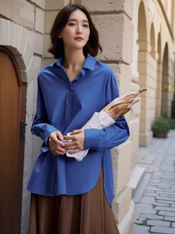 Ženska pamučna košulja-jakna Klein blue, slobodan kroj