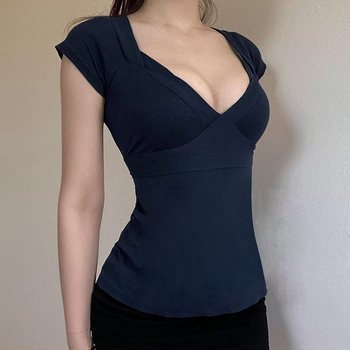 Djevojka-stil kratki T‑shirt s mašnicom na trakama i stisnutim strukom, seksi V-izrez, casual cropped top za ljeto