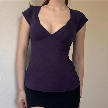 Djevojka-stil kratki T‑shirt s mašnicom na trakama i stisnutim strukom, seksi V-izrez, casual cropped top za ljeto