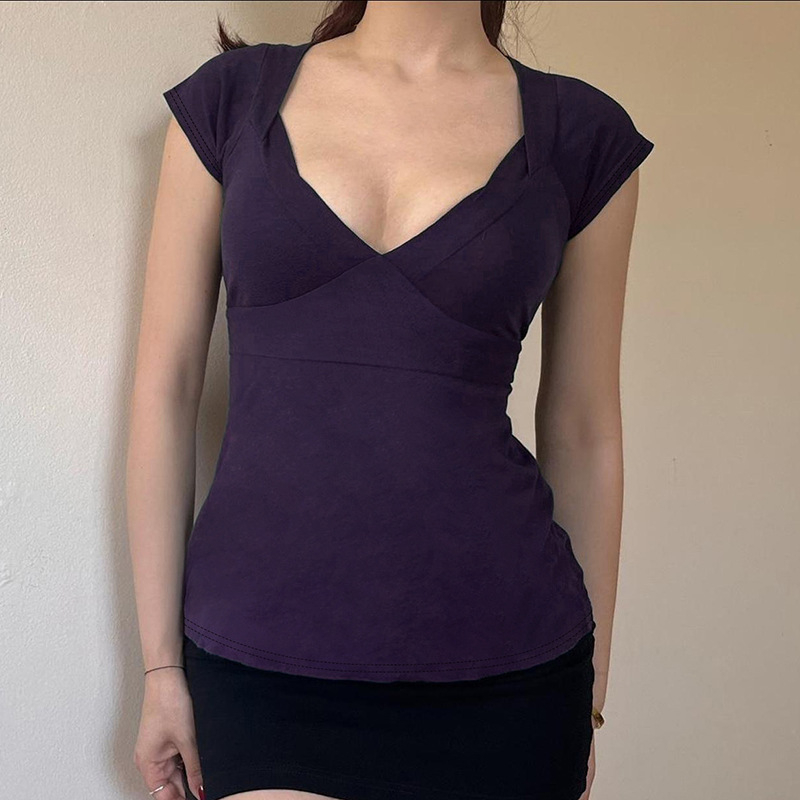 Djevojka-stil kratki T‑shirt s mašnicom na trakama i stisnutim strukom, seksi V-izrez, casual cropped top za ljeto