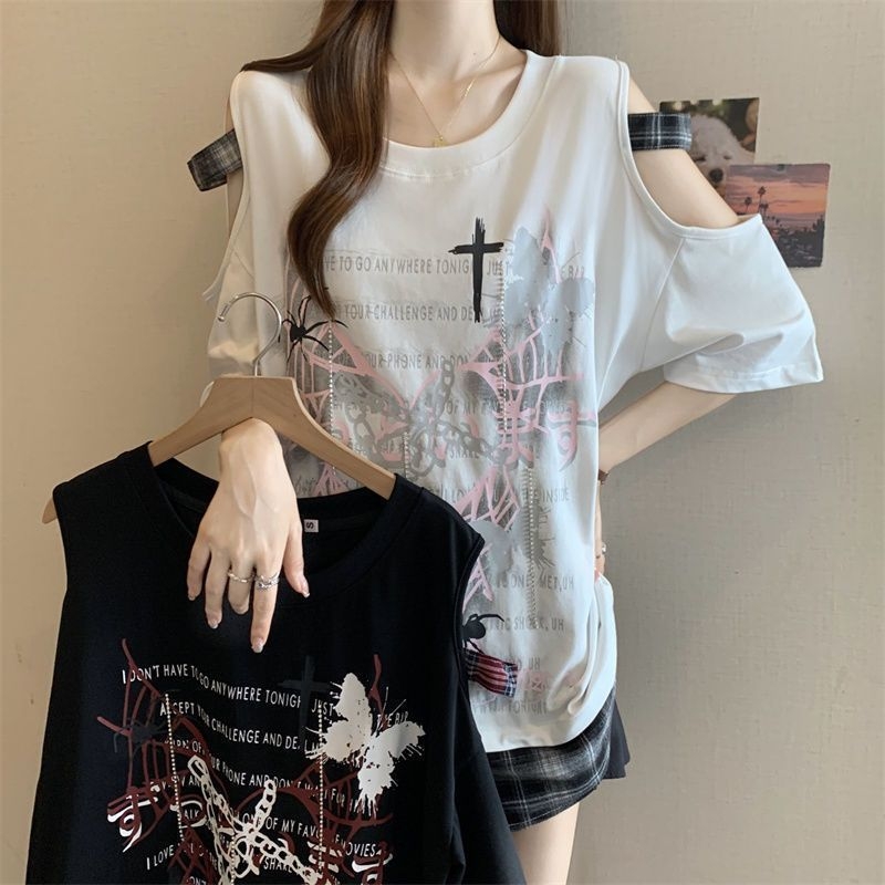 Ženski T‑shirt s printom leptira, ramena otkrivena, kratki rukavi, plus veličina, ljeto 2025, slobodan kroj, svestran top