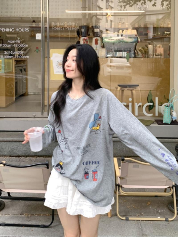Γυναικείο βαμβακερό μακρυμάνικο T‑shirt με εκτύπωση καρτούν, χαλαρή γραμμή, μεσαίου μήκους