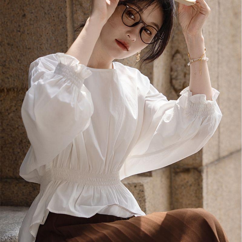 Ženska košulja od pamuka s okruglim izrezom, dugi rukavi, opušten kroj, prekriva trbuh, francuski stil, elegantna bluza