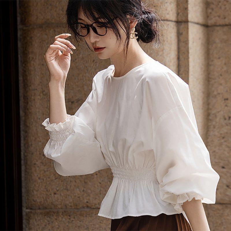 Ženska košulja od pamuka s okruglim izrezom, dugi rukavi, opušten kroj, prekriva trbuh, francuski stil, elegantna bluza