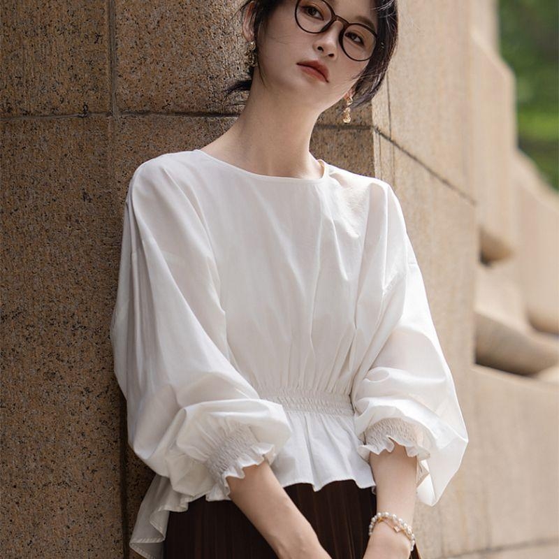 Ženska košulja od pamuka s okruglim izrezom, dugi rukavi, opušten kroj, prekriva trbuh, francuski stil, elegantna bluza