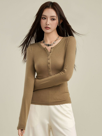 Ženski pleteni top s Henley ovratnikom, od Tencel i vune, slim-fit, dugi rukavi
