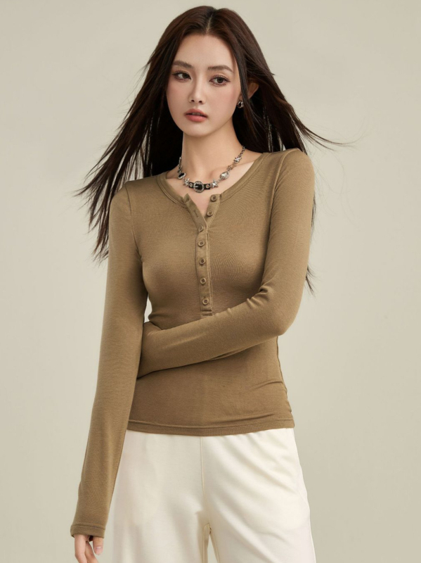 Ženski pleteni top s Henley ovratnikom, od Tencel i vune, slim-fit, dugi rukavi