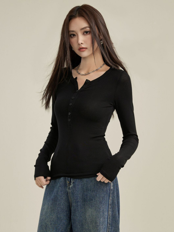 Ženski pleteni top s Henley ovratnikom, od Tencel i vune, slim-fit, dugi rukavi