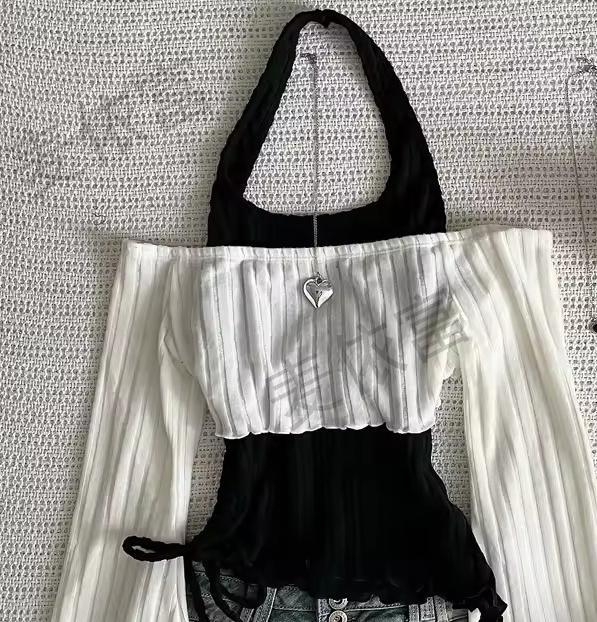 Y2K inspirirani ženski top s dugim rukavima, dizajn u boji blok i lažno dvodijelno šivanje, halter ovratnik, pleteni top, uski kroj