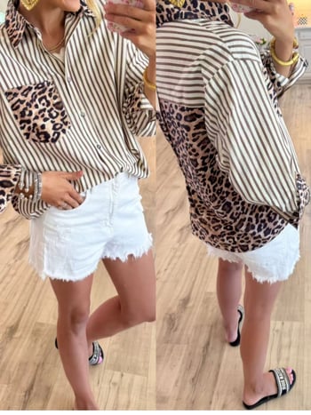 2025 jesen Ženski kardigan s leopard printom i patchworkom, uz prugasti top s dugim rukavima