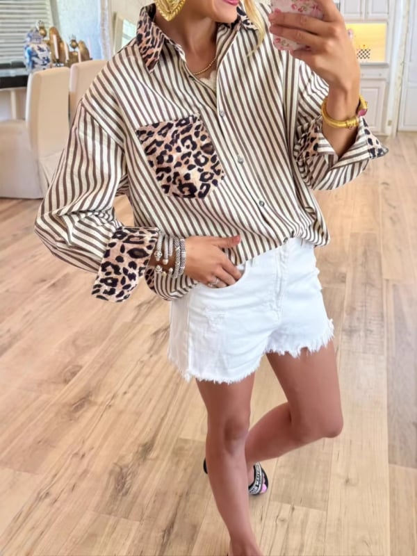 2025 jesen Ženski kardigan s leopard printom i patchworkom, uz prugasti top s dugim rukavima