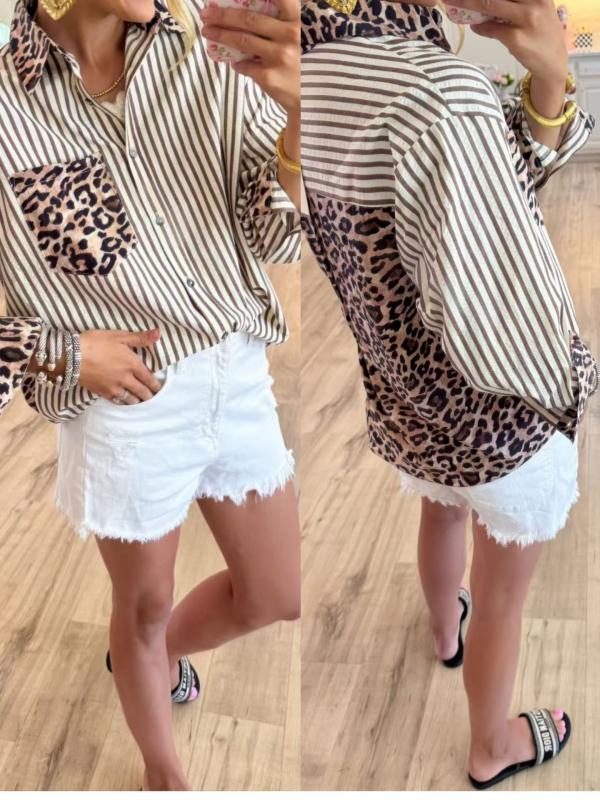 2025 jesen Ženski kardigan s leopard printom i patchworkom, uz prugasti top s dugim rukavima