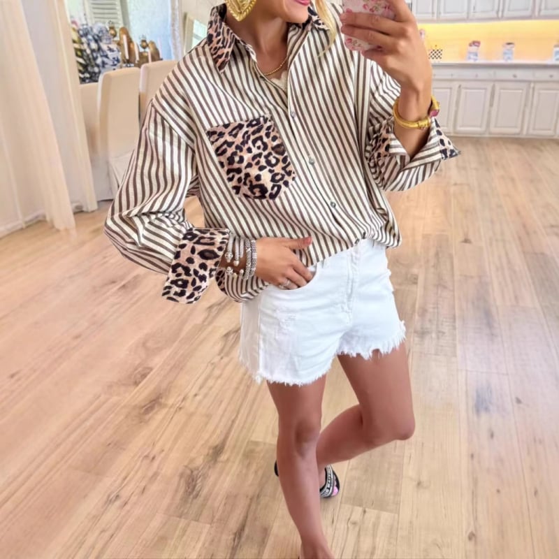 2025 jesen Ženski kardigan s leopard printom i patchworkom, uz prugasti top s dugim rukavima