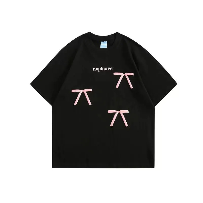 Ženski pamukasti T-shirt s printom mašne, kratka rukava, bijelo-siva boja, ljetni ležerni stil.