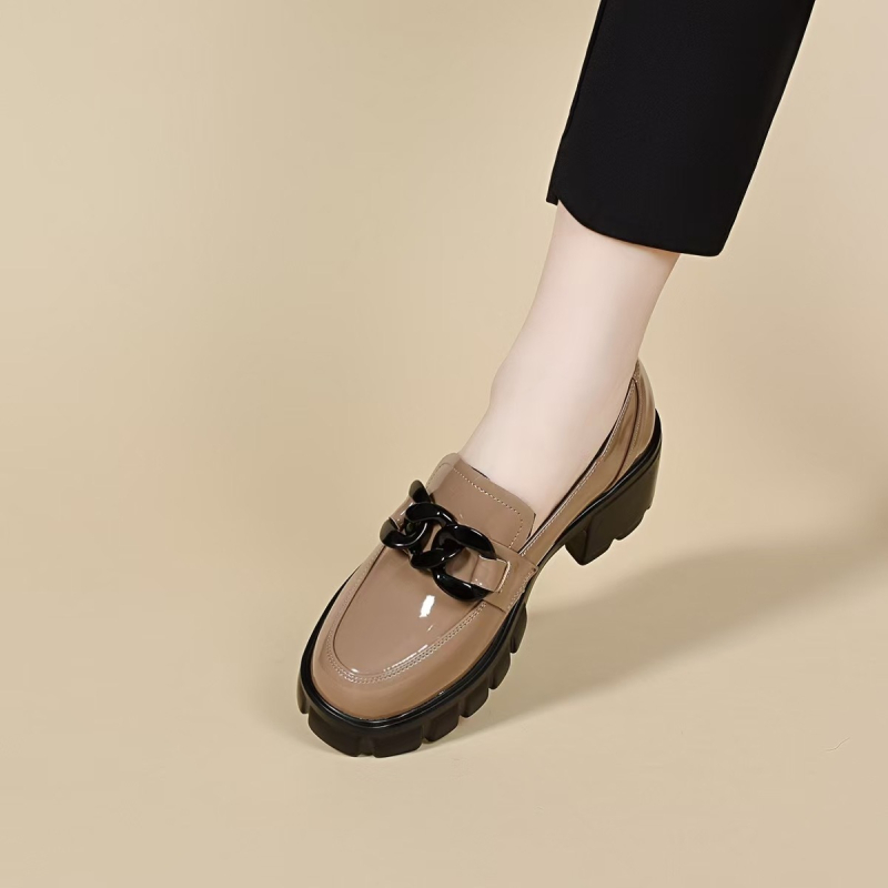 Ženske loaferice od prave kože s debelim petom, britanski stil s detaljem lanaca, platforma