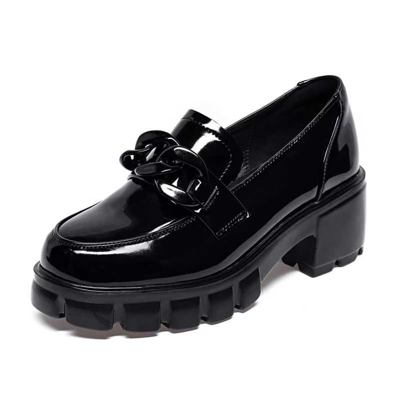 Ženske loaferice od prave kože s debelim petom, britanski stil s detaljem lanaca, platforma
