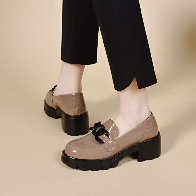 Ženske loaferice od prave kože s debelim petom, britanski stil s detaljem lanaca, platforma