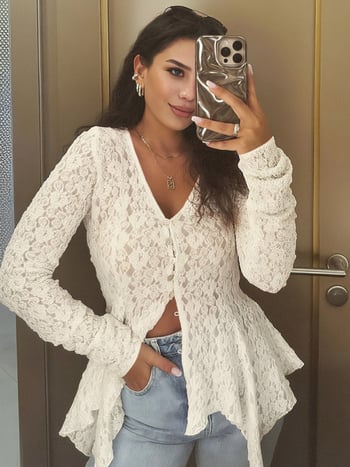 Ženski cardigan-top s čipkom, prorezima, uski kroj, dugi rukavi, jednobojna boja, V izrez