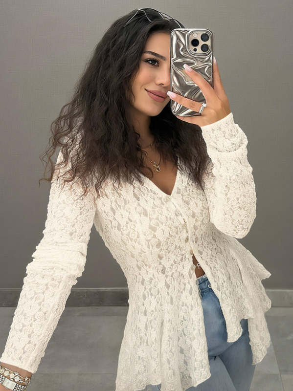 Ženski cardigan-top s čipkom, prorezima, uski kroj, dugi rukavi, jednobojna boja, V izrez