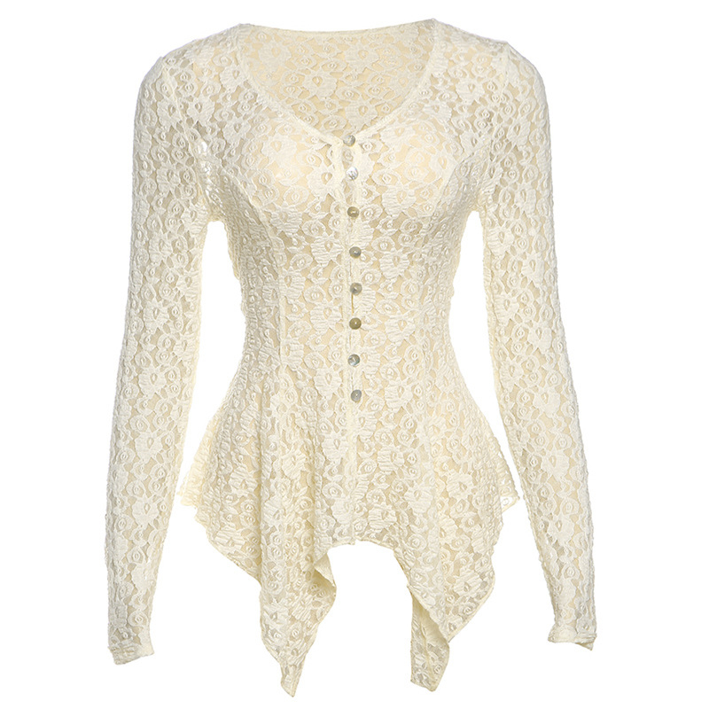 Ženski cardigan-top s čipkom, prorezima, uski kroj, dugi rukavi, jednobojna boja, V izrez