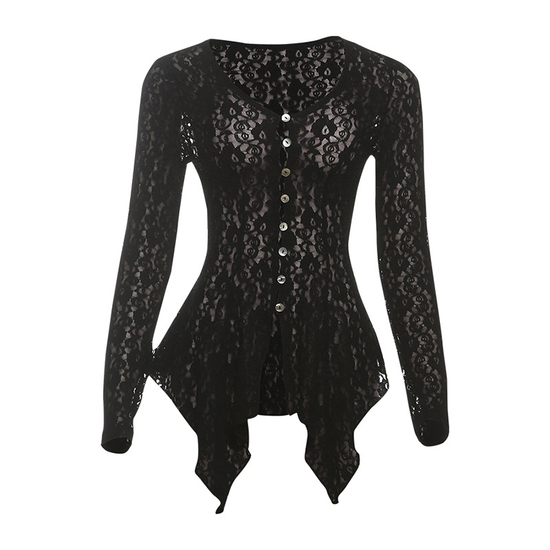 Ženski cardigan-top s čipkom, prorezima, uski kroj, dugi rukavi, jednobojna boja, V izrez