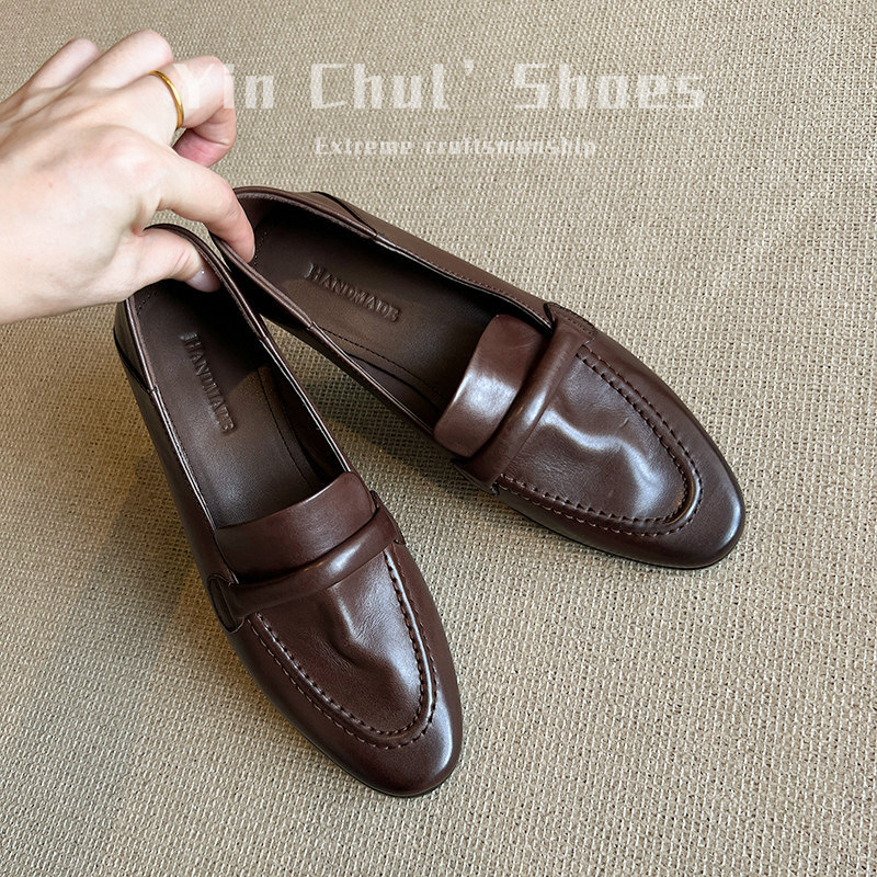 Ženske slip-on loaferice – vintage stil, prava koža, gornji dio od mikrovlakna, četvrtasti vrh, debeli peta, jednobojne, za sve sezone
