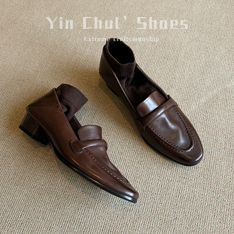 Ženske slip-on loaferice – vintage stil, prava koža, gornji dio od mikrovlakna, četvrtasti vrh, debeli peta, jednobojne, za sve sezone