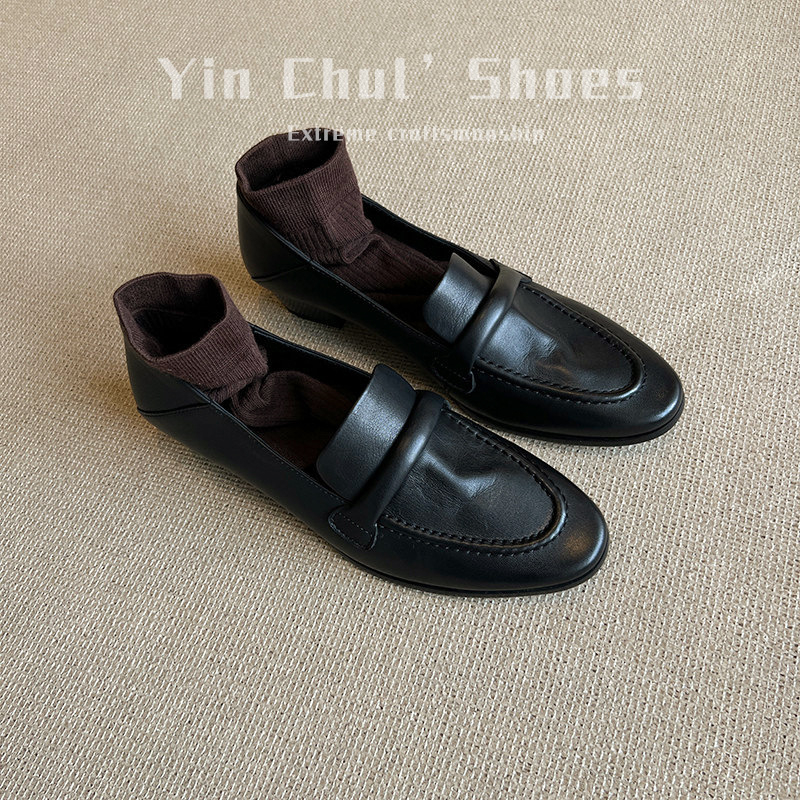 Ženske slip-on loaferice – vintage stil, prava koža, gornji dio od mikrovlakna, četvrtasti vrh, debeli peta, jednobojne, za sve sezone