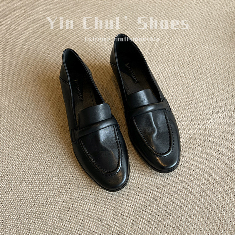 Ženske slip-on loaferice – vintage stil, prava koža, gornji dio od mikrovlakna, četvrtasti vrh, debeli peta, jednobojne, za sve sezone