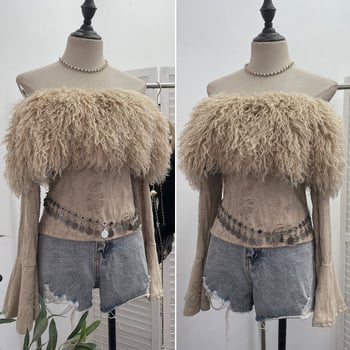 Seksi top bez ramena od mekog, pahuljastog pletenog materijala, uski kroj, kratka duljina, dugi rukavi, s izblijedjelim rupama
