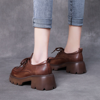 Ženski kožni loafer s vezicama, s 6 cm visokim blok petom, debelom gazom, za sve sezone