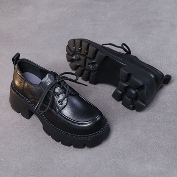 Ženski kožni loafer s vezicama, s 6 cm visokim blok petom, debelom gazom, za sve sezone